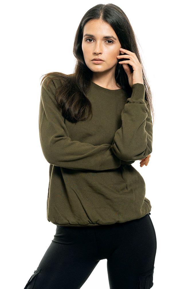 Anna in the olive green organic cotton sweatshirt