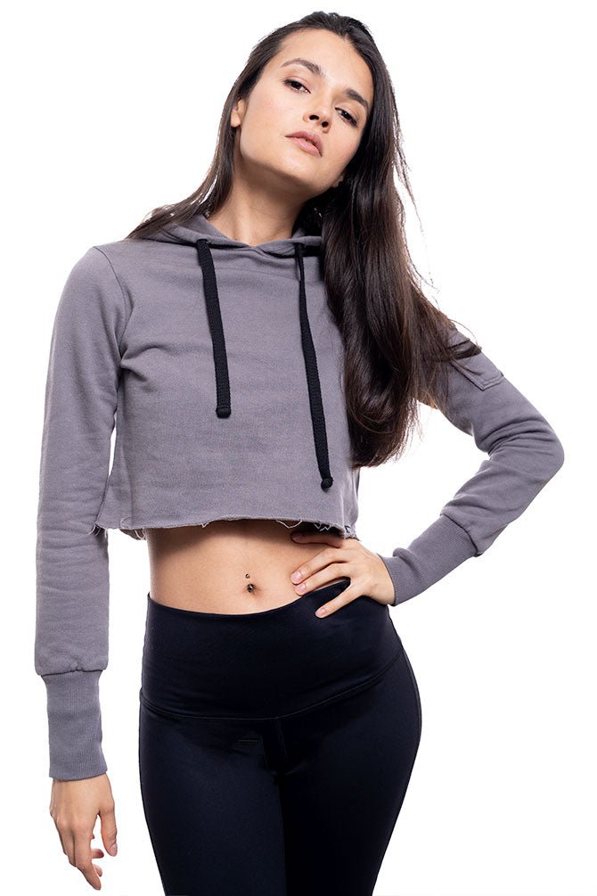 Anne wearing the grey organic cotton and bamboo women's crop hoodie