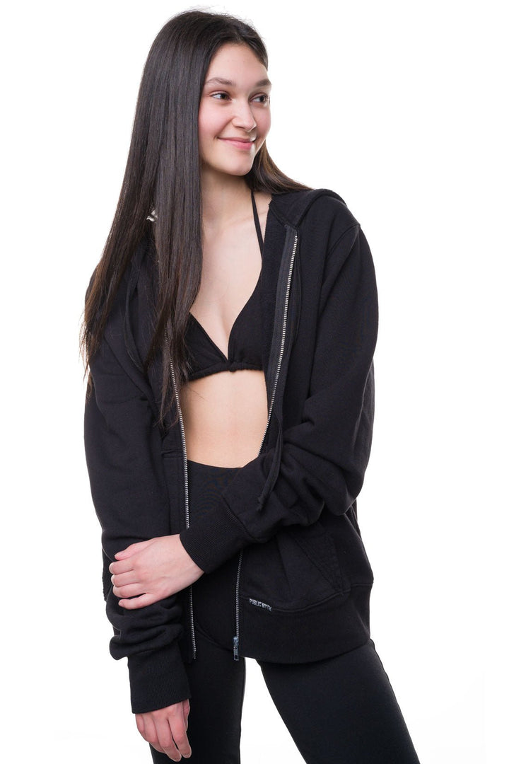 Women's black organic cotton hoodie with a silver metal zipper and black bamboo bikini top