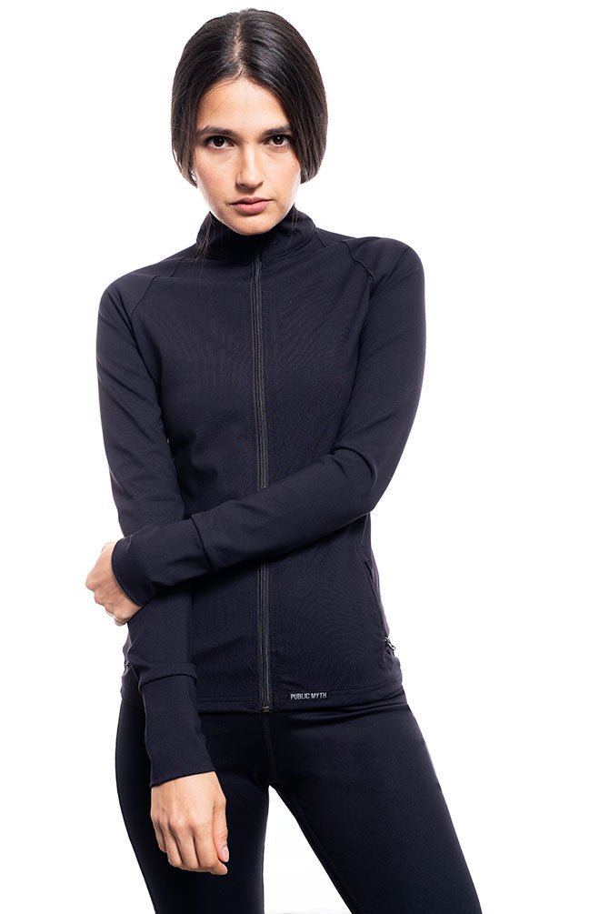 Women's Black Zip Up Fitted Workout Jacket with Thumbholes – PUBLIC MYTH