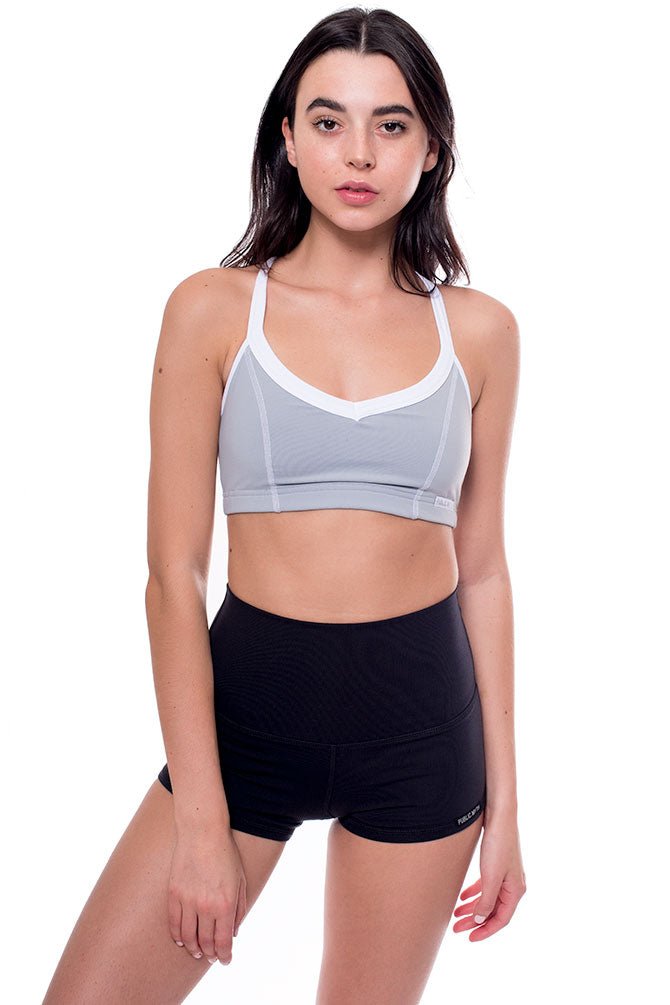 grey and white sports workout bra