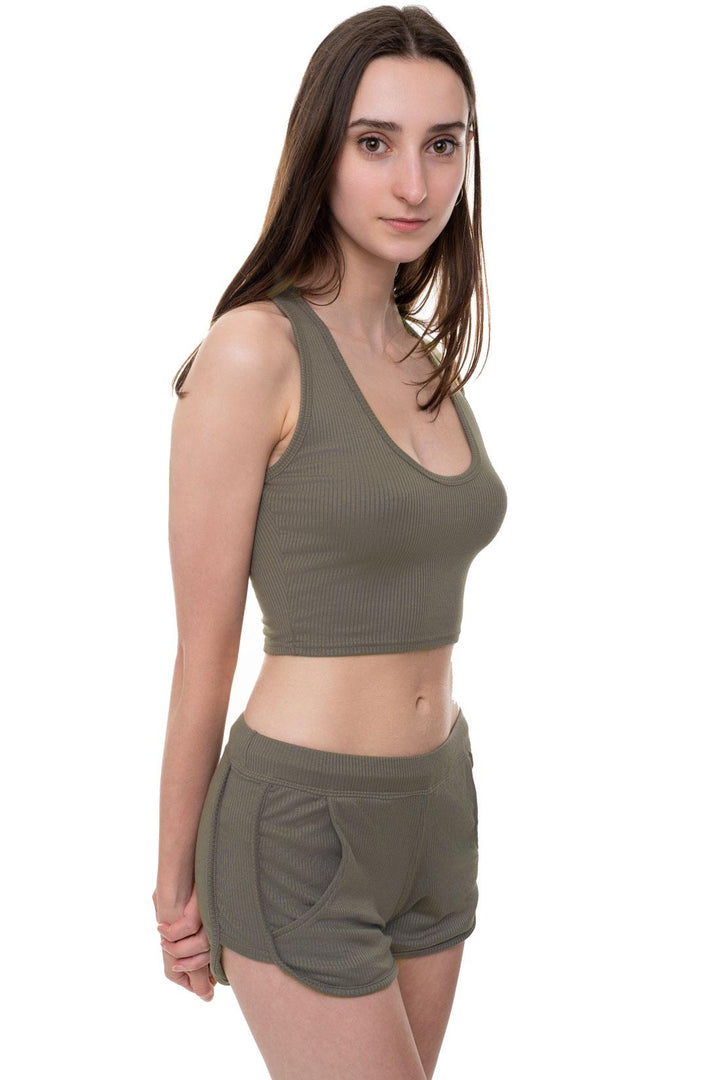 Olive green ribbed crop tank with matching running shorts