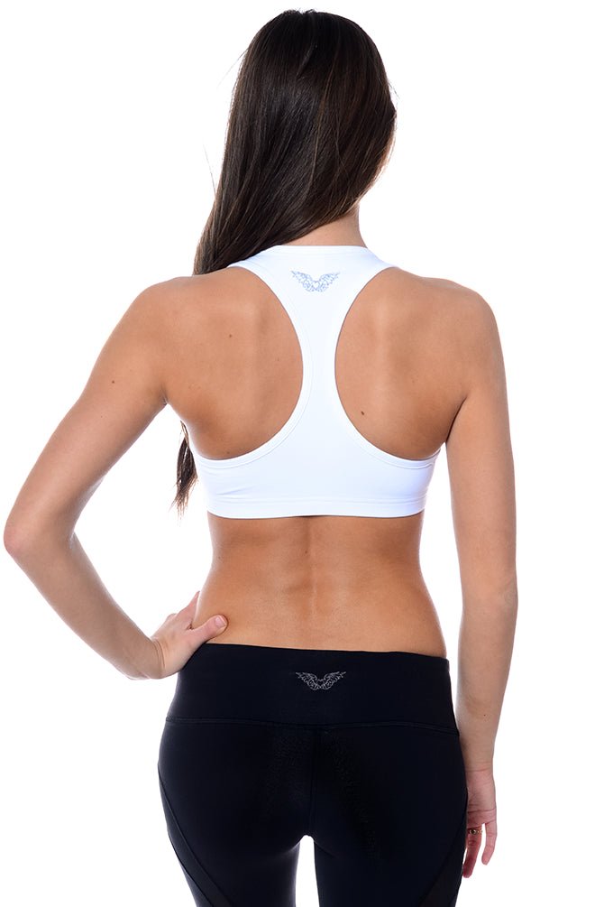 White sports bra that zips in the front with racerback