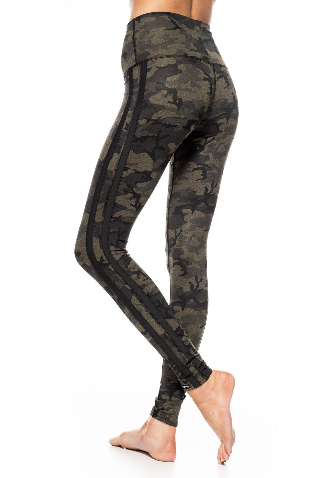 green and black camouflage high waist leggings with black side stripes