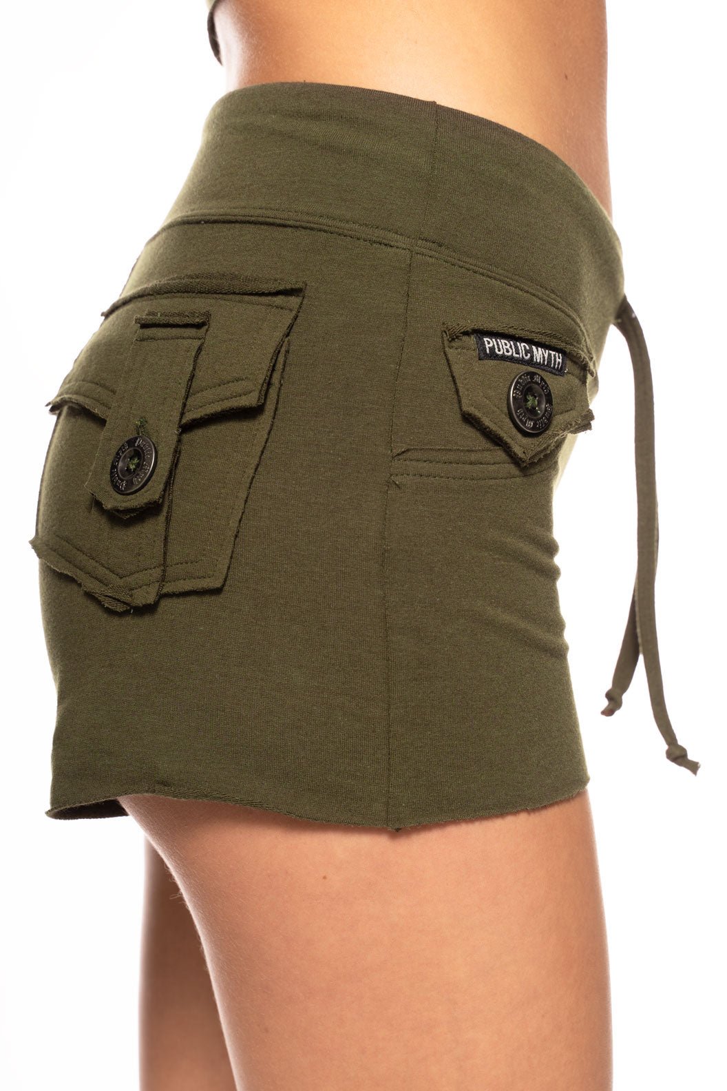 Booty shorts with button pockets in olive green ethically made from a soft and sustainalbe bamboo cotton terry